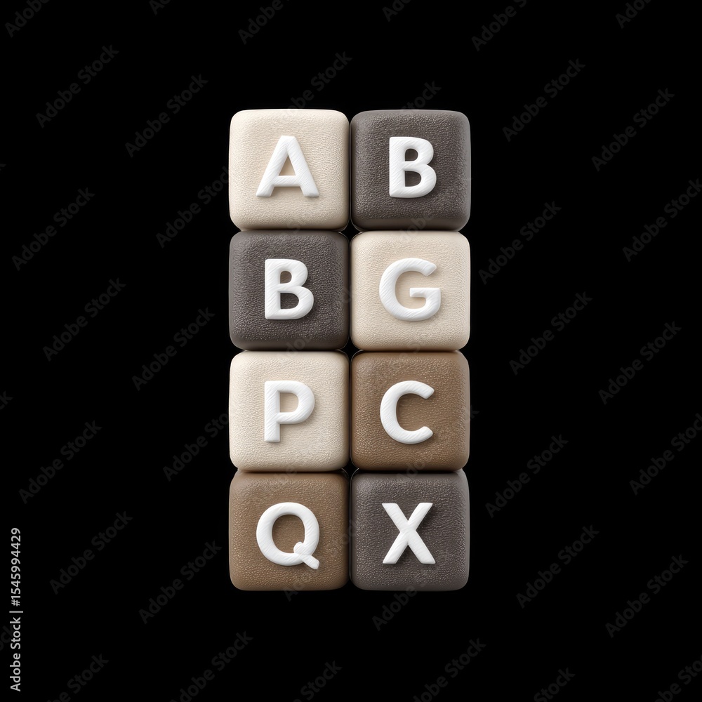 Poster foam alphabet blocks arranged in stack, featuring neutral colors that create calming aesthetic. thes