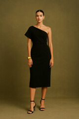 Minimal Fashion Portrait of Woman in Black One Shoulder Dress