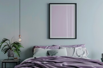 High Resolution Image of Frame Mockup in Bedroom with Purple Blanket