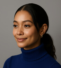 Studio portrait confident woman in a blue turtleneck against a gray background
