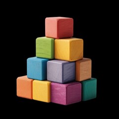 Colorful building blocks arranged in pyramid shape create playful and vibrant display. These wooden blocks are perfect for educational play and developing fine motor skills