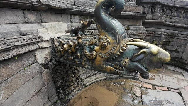 Intricately Carved Mythical Water Spout &ndash; Nag Pokhari Hiti, Bhaktapur, Nepal