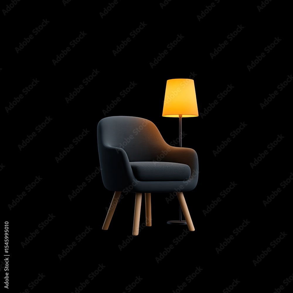 Poster cozy chair with modern design is illuminated by warm, ambient lamp, creating serene atmosphere in da