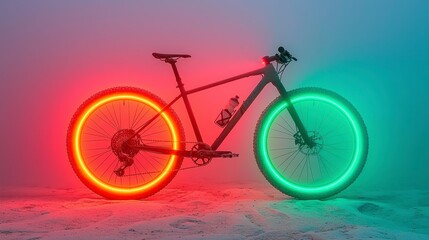 Naklejka premium Illuminated Mountain Bike in Foggy Landscape