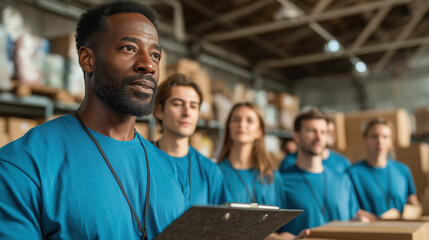 Volunteer team in warehouse
