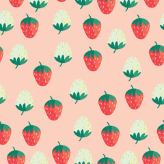 Seamless pattern with hand-drawn red and white strawberries on a soft pink background. Ideal for kids’ textiles, wrapping paper, summer prints, and cute stationery