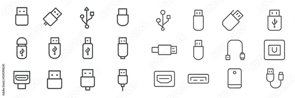 Poster collection of various usb connector designs shown in a simple line art style on a white background