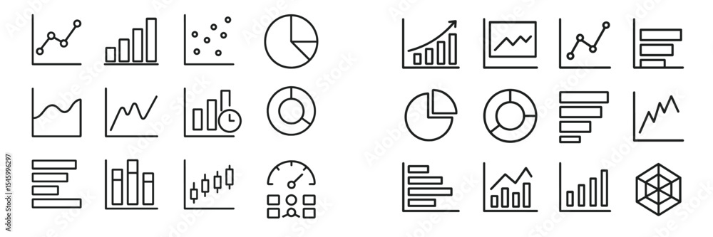 Poster creative collection of line art icons representing various data visualization styles and analytical 
