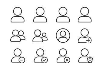 Icons representing various user actions and statuses for digital interfaces in a minimalist design style