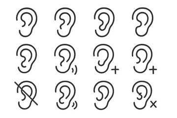 Various ear icons representing different auditory functions and statuses in a minimalistic style
