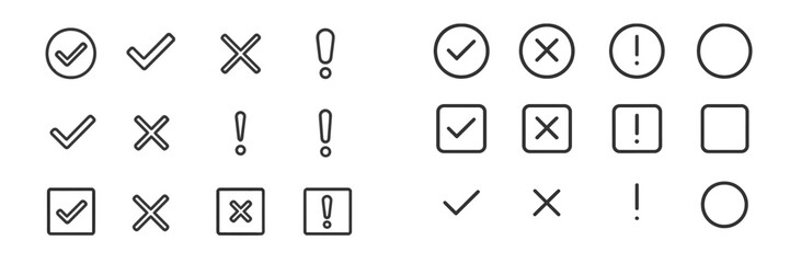Symbols for checklist and binary choices illustrated on a white background in a minimalist style featuring various icons