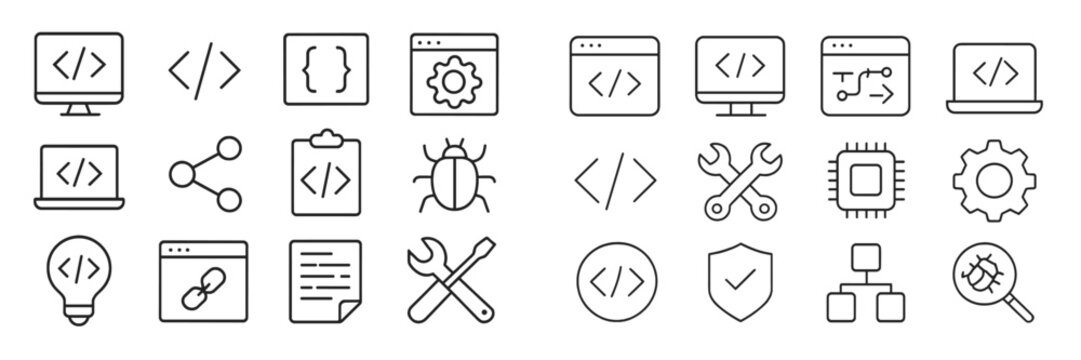 Collection of coding and programming icons representing various activities and tools relevant to software development