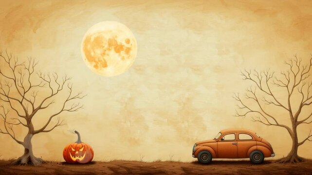 Whimsical Halloween Scene with Vintage Car, Pumpkin, and Full Moon in Spooky Atmosphere