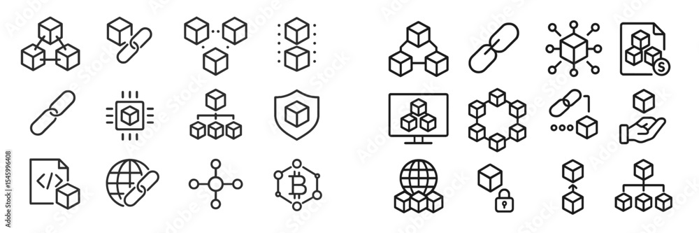 Poster visual representation of blockchain technology concepts with various interconnected and secure eleme