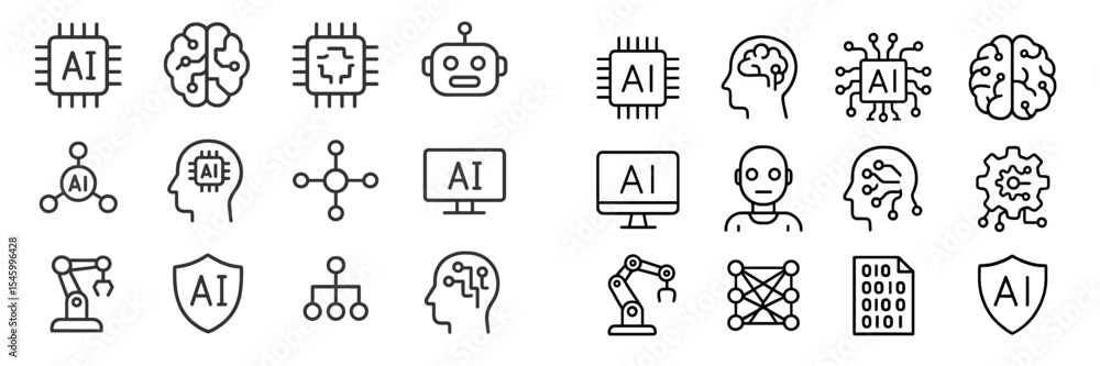 Poster exploration of artificial intelligence concepts through various symbols and illustrations in a moder