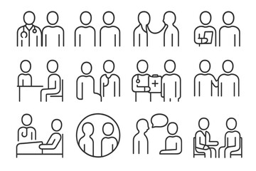 Illustration of various healthcare interactions among professionals and patients in a clinical setting during daylight hours