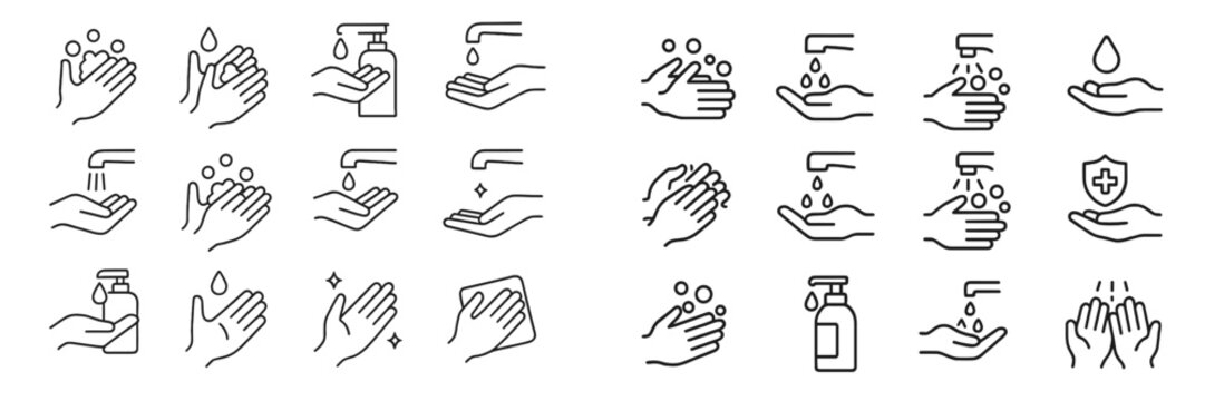 Handwashing icons illustrating various hygiene practices for health and safety