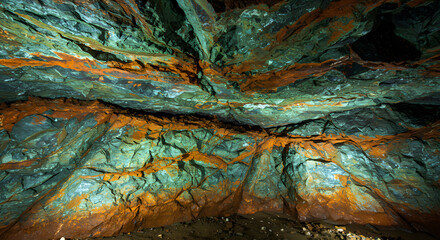 An abstract, textured wall of an underground mine showing dramatic patterns of green and blue oxidized copper.