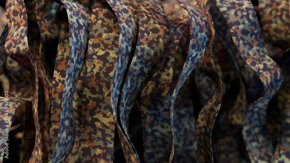 Poster vertical camouflage ribbons gently moving in wind, creating mesmerizing dynamic visual flow with sof