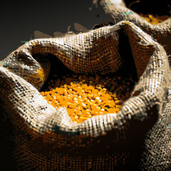 Yellow Lentils in Burlap Sack on Wooden Background

