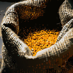 Yellow Lentils in Burlap Sack on Wooden Background


