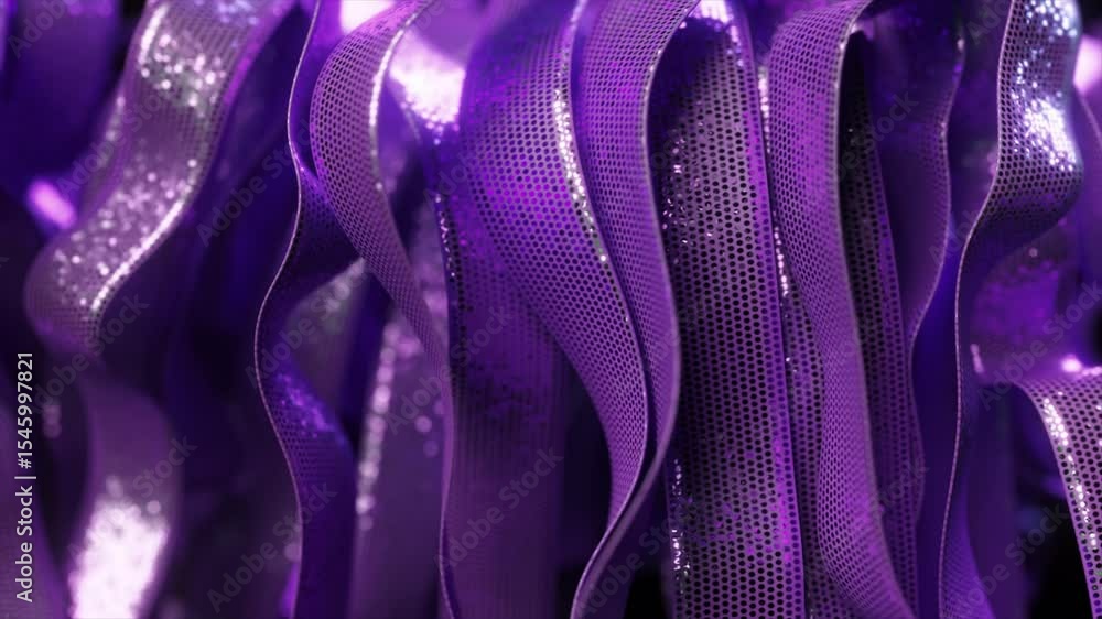 Poster metallic purple ribbons with tiny perforations flowing smoothly, creating mesmerizing dynamic visual