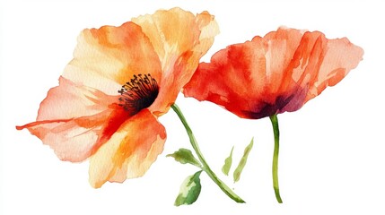 A vibrant orange watercolor illustration of a poppy flower on a white background, designed for botanical art prints and to enhance summer decor, provided in an isolated format