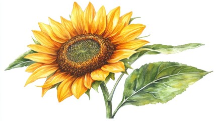 Naklejka premium White background featuring a watercolor sunflower painting for use in botanical illustration on cards, prints, and summer designs as isolated floral art