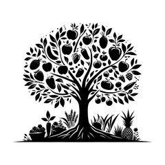 Black and white fruit and vegetable tree illustration