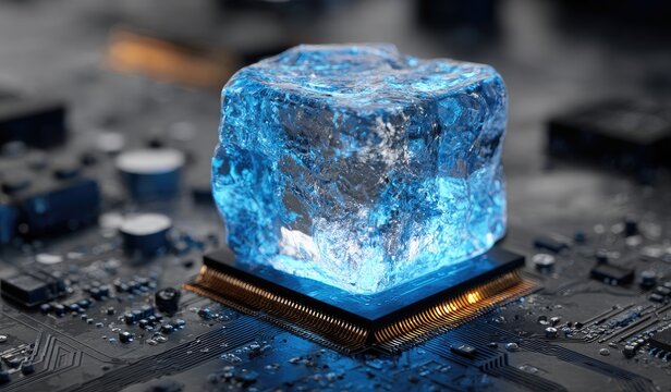 Luminescent ice cube atop a microchip, glowing blue, sits on a dark circuit board