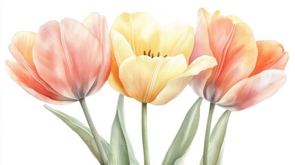 Naklejka premium This watercolor illustration of a tulip flower, with its pink, yellow, and green colors standing out against a white background, represents a classic example of botanical art and floral design,