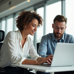 Middle-aged woman mentoring junior male colleague as they review online tools on a laptop in a modern workspace