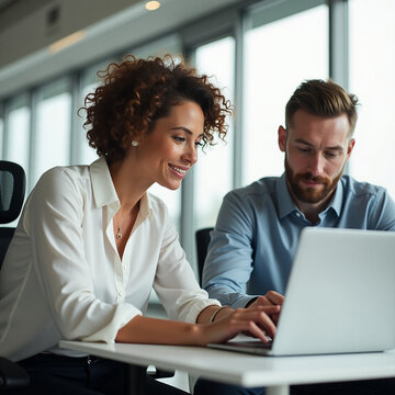 Middle-aged woman mentoring junior male colleague as they review online tools on a laptop in a modern workspace

