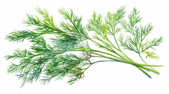 A beautiful watercolor illustration of dill, a popular culinary ingredient, is showcased against a clean white backdrop, ideal for food design projects