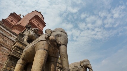 Elephant Statue Guarding the Steps of the Heritage Temple in Bhaktapur Durbar Square, Nepal
