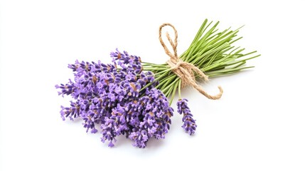 Natural beauty, aromatherapy, and relaxation are captured in this floral still life image of a lavender bouquet secured with jute twine against a white background