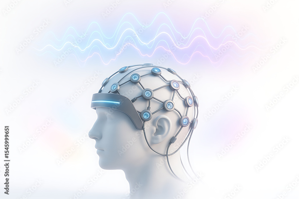 Poster futuristic headset scan for brain monitoring and neuroscience research with advanced ai technology