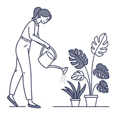 Woman Watering Plants: A young woman gently waters her potted plants, showcasing a moment of calm and nurturing. 