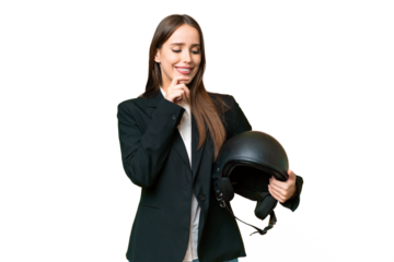 Young Asian woman with a motorcycle helmet over isolated chroma key background looking to the side and smiling