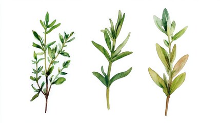 Isolated Watercolor Thyme Sprigs Illustration on White - Culinary Herb, Aromatic Plant, Garden Ingredient, Cooking, Food Art’ is rephrased as ‘White Background with Isolated Watercolor Thyme Sprigs