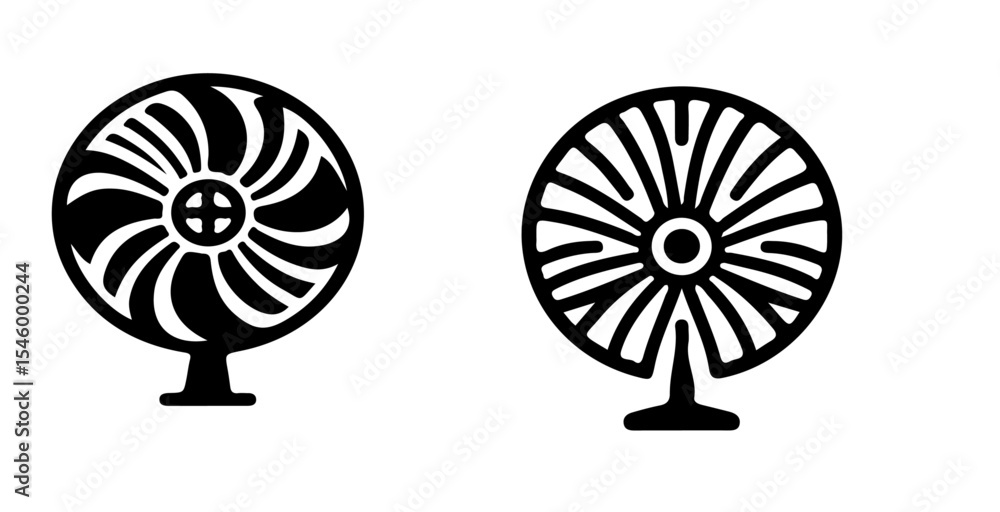 Poster two stylized fan illustrations side by side showing different blade designs on a white background im