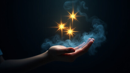 Hand Holding Three Golden Stars Blue Smoke Dark Background