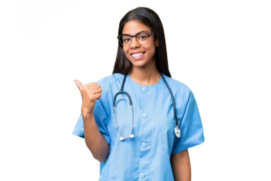 Young African american nurse woman over isolated background pointing to the side to present a product