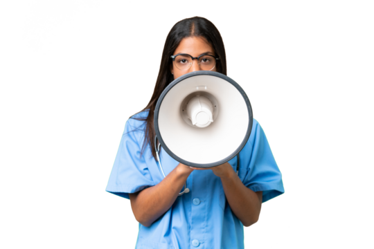 Young African american nurse woman over isolated background shouting through a megaphone