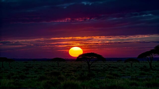 sunset in the african savannah with trees and grass