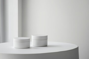 Two simple white ceramic containers on a round table.