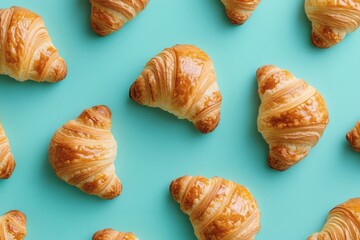 Seamless pattern of golden croissants on turquoise background. French pastry.