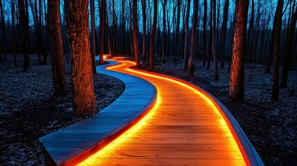 Luminous Night Path Through Dark Forest