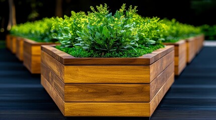 Lush Green Plants in Rich Brown Wooden Planters Outdoors