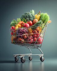 A shopping cart filled with fruits and vegetables. The cart is on a blue background. The cart is full of produce and is overflowing